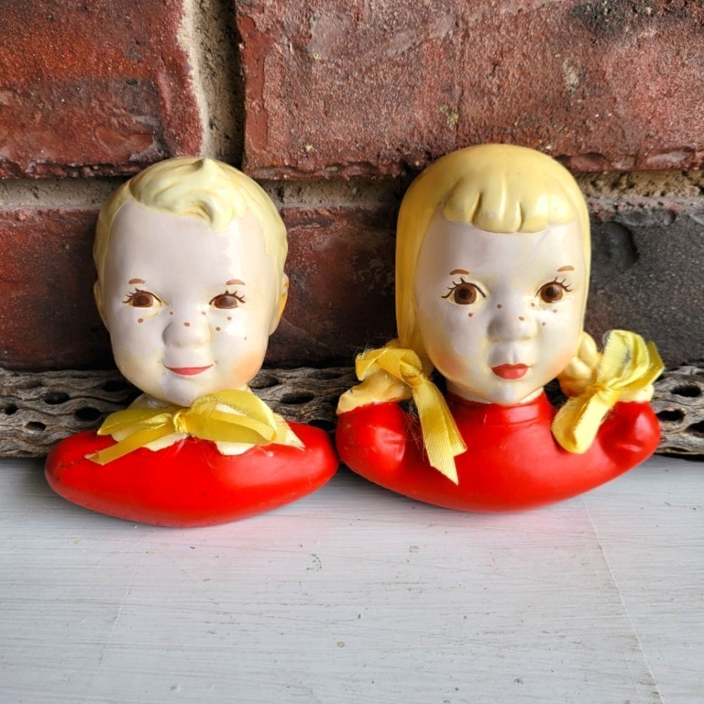 1940's Freckled Boy & Girl Pair of Chalkware Sculpturettes by Lotti California